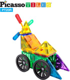 PicassoTiles - Bloques magnéticos x  20 piezas, ruedas y molino de viento